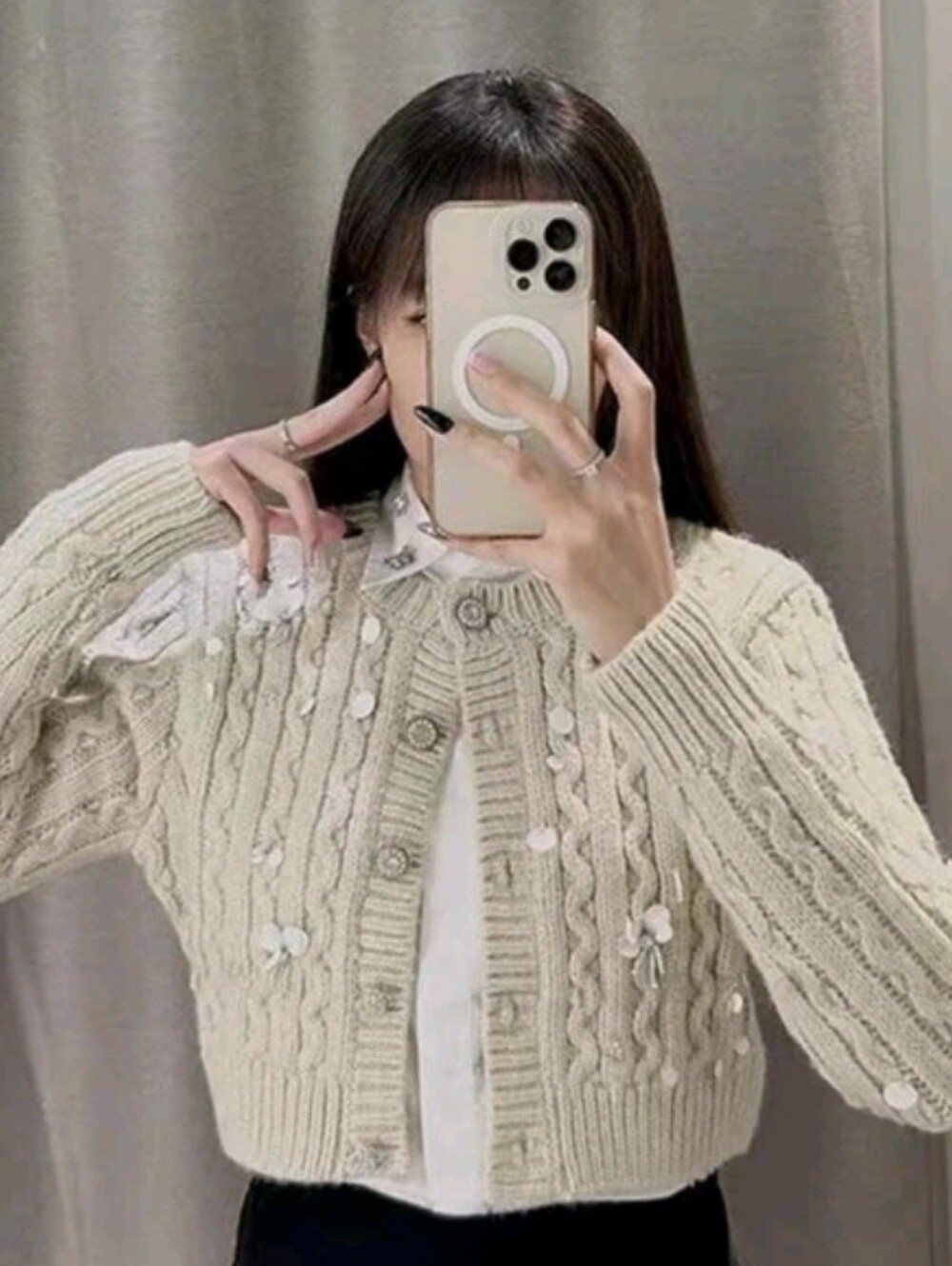Zara Cream Sequin Cable-Knit Cropped Cardigan - Picture 5 of 5